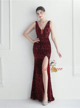 V-neck Sequins Split Prom Dress