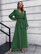 V-neck Pleated Long Sleeve Dress