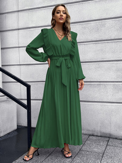 V-neck Pleated Long Sleeve Dress