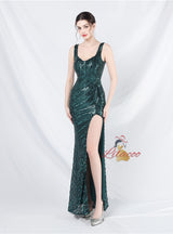 Mermaid Sequins Straps Split Prom Dress