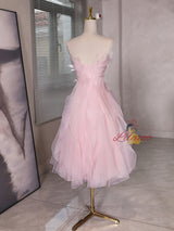 Pink Tulle See Through Neck Short Prom Dress