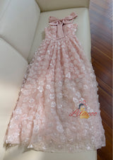 Pink Tulle 3D Flower Straps Bow Prom Dress