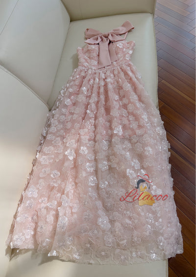 Pink Tulle 3D Flower Straps Bow Prom Dress
