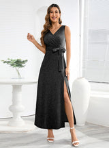 Sleeveless V-neck Shiny Split Dress