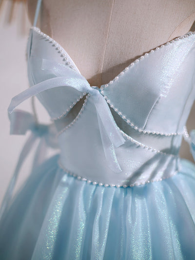 Blue Tulle Straps Pearls Homecoming Dress