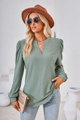 Solid Color V-neck Long Sleeve Loose T-shirt