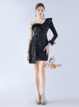 One Shoulder Long Sleeve Sequins Prom Dress