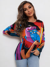 Round Neck Cat Print Long Sleeve Sweater