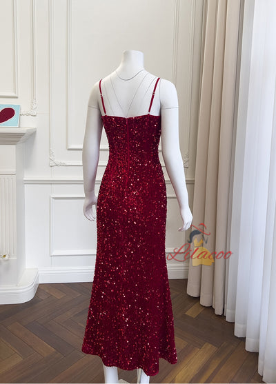 Sexy Red Sequins Straps Prom Dress