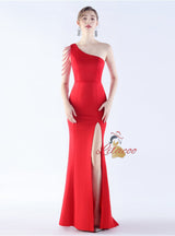 One Shoulder Beading Split Prom Dress