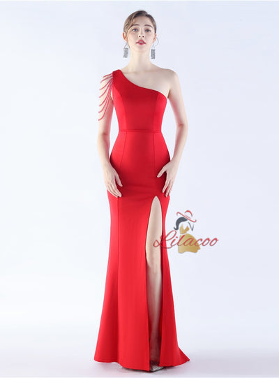 One Shoulder Beading Split Prom Dress