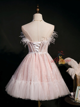 Pink Tulle Lace Feather Strapless Homecoming Dress