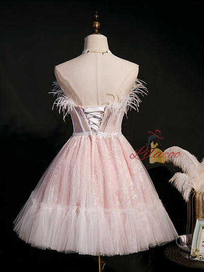 Pink Tulle Lace Feather Strapless Homecoming Dress