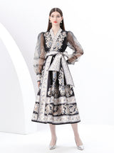 V-neck Lantern Sleeve Long Retro Print Dress