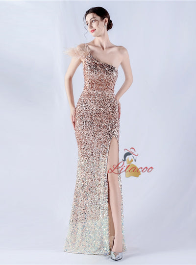 Sequins One Shoulder Split Prom Dress