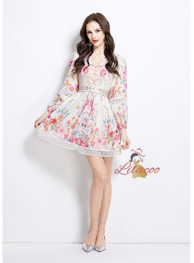 Retro Lace Stitching V-neck Dress