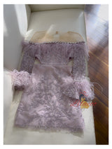 Purple Long Sleeve Lace Beading Short Prom Dress
