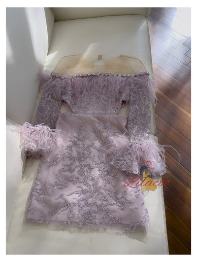 Purple Long Sleeve Lace Beading Short Prom Dress