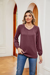 Solid Color V-neck Loose Long Sleeve T-shirt