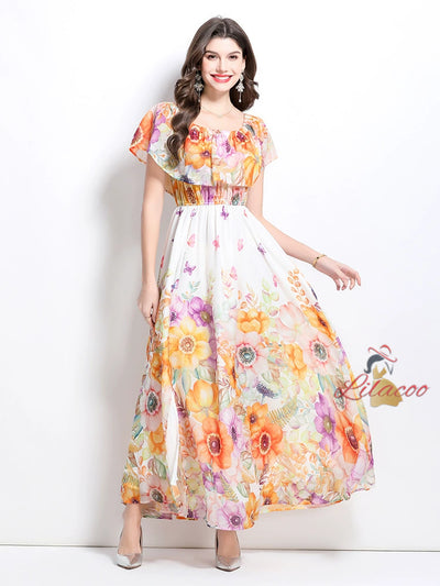 Off the Shoulder Printed Chiffon Dress