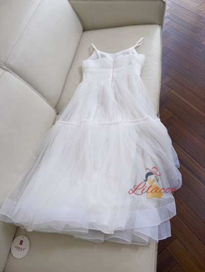 White Tulle Spaghetti Straps Pleats Prom Dress