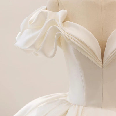Ivory Satin Off the Shoulder Pleats Wedding Dress