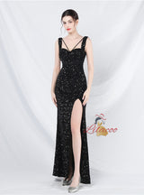 Sequins Split Straps Sleeveless Prom Dress