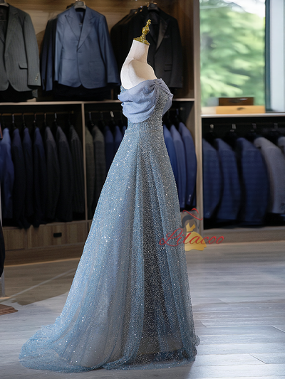 Blue Tulle Sequins Off the Shoulder Pleats Prom Dress