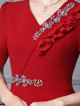 Red V-neck Short Sleeve Crystal Mother Of The Bride Dress