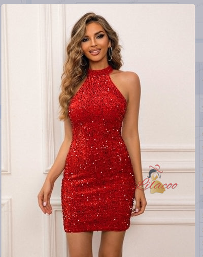 Sheath Halter Sequins Short Party Dress