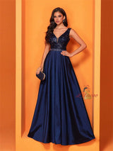 Dark Blue V-neck Satin Prom Dress