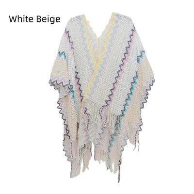 Ethnic White Knitted Split Tassels Shawl