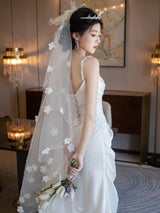 White Satin Strapless 3D Flower Wedding Dress