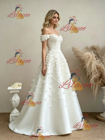White Off the Shoulder Flower Wedding Dress