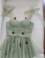 Green Tulle Cherry Pleats Prom Dress