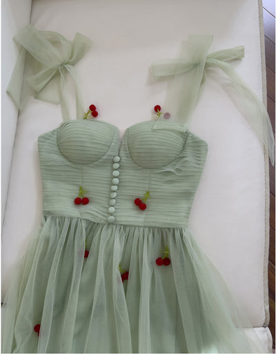 Green Tulle Cherry Pleats Prom Dress