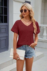 Solid Color Pocket V-neck Short Sleeve T-shirt