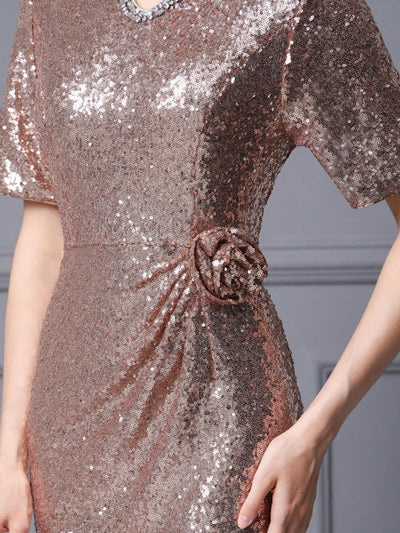 Champagne Sequins Short Sleeve Mother Of The Bride Dress