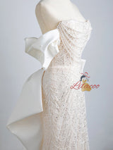 Beige White Mermaid Sequins Pearls Prom Dress
