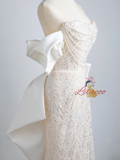 Beige White Mermaid Sequins Pearls Prom Dress