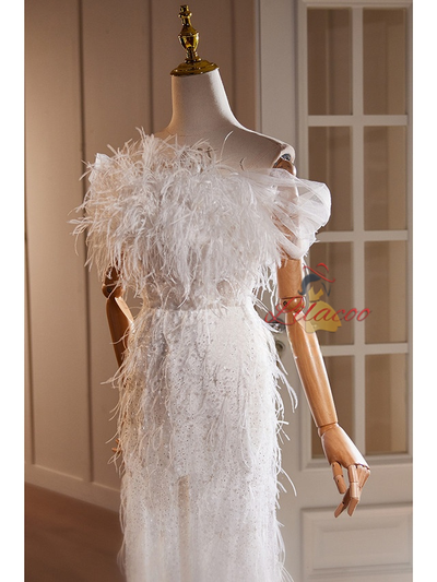 White Sequins Feather Wedding Dress