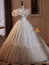 White Tulle 3D Flower Wedding Dress