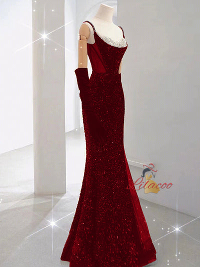 Mermaid Sequins Straps Beading Prom Dress