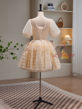 Champagne Tulle V-neck Beading Homecoming Dress