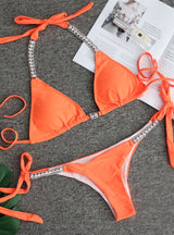 Solid Color Strap Rhinestone Swimsuit Bikini