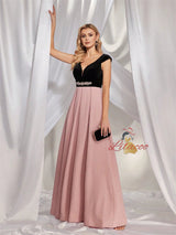 Black Velvet Cap Sleeve Beading Prom Dress