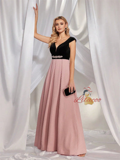 Black Velvet Cap Sleeve Beading Prom Dress
