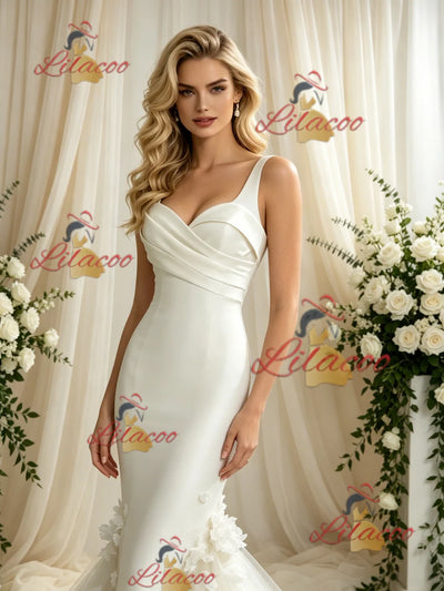 Ivory Mermaud Tulle Straps Flower Wedding Dress