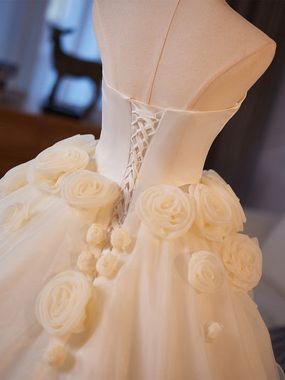 Ivory Tulle Strapless 3D Flower Wedding Dress