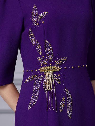 Purple Short Sleeve Beading Mother Of The Bride Dress